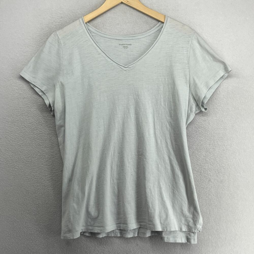 EILEEN FISHER Top XL Slub Organic Cotton Jersey Rolled V-Neck Short Sleeve Blue